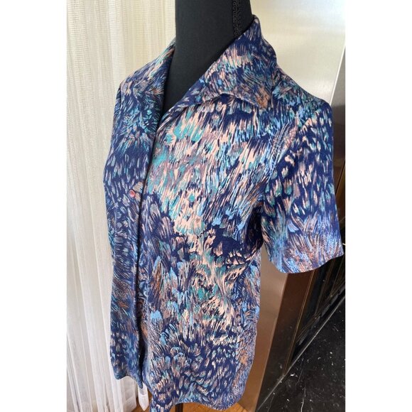 Vintage 70s top, blue, tan, pink abstract pattern, short sleeves blouse - Picture 3 of 8